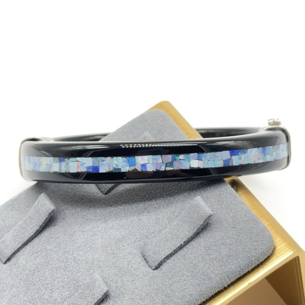 Jay King Bracelet Opal Mosaic Inlay Black Agate Micro Hinged Bangle Sterling 7.5